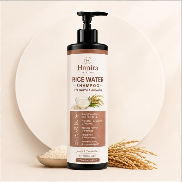 Hanira Rice Water Shampoo for Hair Strength & Growth Look, Nourishing Hair Cleanser, Helps Reduce Breakage, Adds Shine & Smoothness, Daily Hair Care Shampoo, 200ml