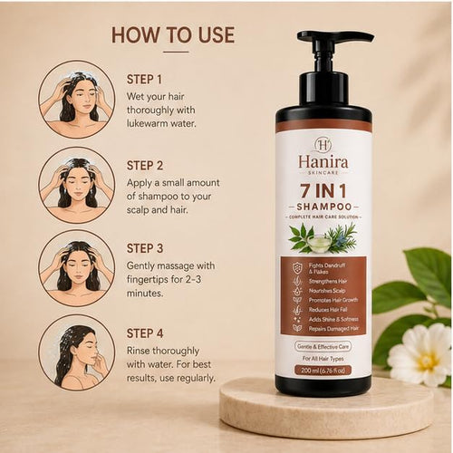 Hanira 7 In 1 Shampoo for Complete Hair Care, Cleanses, Nourishes & Softens Hair, Helps Reduce Breakage, Adds Shine, Daily Use Shampoo for Men & Women, 200ml
