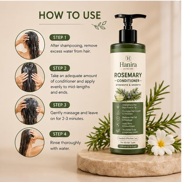 Hanira Rosemary Conditioner for Hair Strength & Fuller Looking Hair, Nourishing Hair Conditioner, Softens Hair, Improves Manageability, Daily Hair Care, 200ml