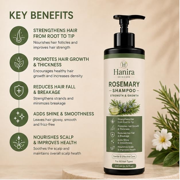 Hanira Rosemary Shampoo for Hair Strength & Fuller Looking Hair, Nourishing Hair Cleanser, Helps Reduce Breakage, Adds Shine & Softness, Daily Use Shampoo, 200ml