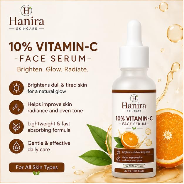 Hanira 10% Vitamin C Face Serum for Glowing Skin, Lightweight Fast Absorbing Facial Serum for Daily Skin Care, Suitable for All Skin Types, 30 ml