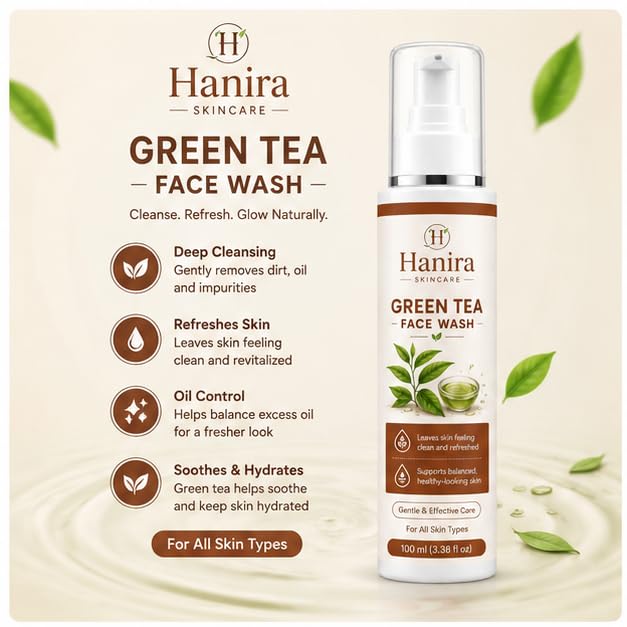 Hanira Skincare Green Tea Face Wash for Men & Women | Leaves Skin Feeling Clean & Refreshed | Supports Balanced Healthy-Looking Skin | Gentle Daily Facial Cleanser | All Skin Types | 100 ml