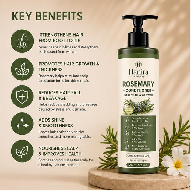 Hanira Rosemary Conditioner for Hair Strength & Fuller Looking Hair, Nourishing Hair Conditioner, Softens Hair, Improves Manageability, Daily Hair Care, 200ml