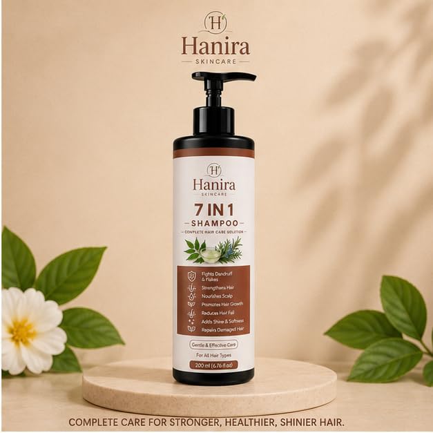 Hanira 7 In 1 Shampoo for Complete Hair Care, Cleanses, Nourishes & Softens Hair, Helps Reduce Breakage, Adds Shine, Daily Use Shampoo for Men & Women, 200ml