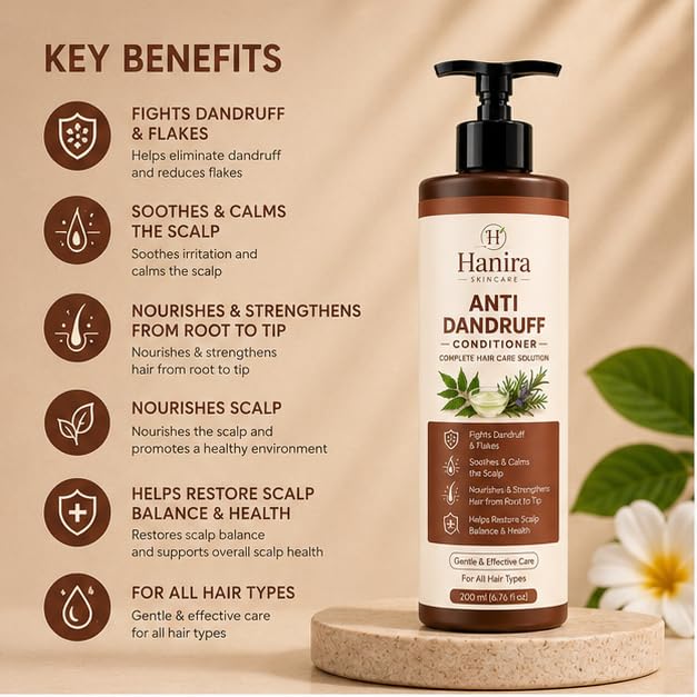 Hanira Anti Dandruff Conditioner for Men & Women, Nourishing Hair Conditioner, Helps Reduce Dryness, Softens Hair, Smooth Finish, Daily Hair Care Formula, 200ml