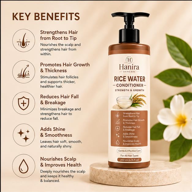 Hanira Rice Water Conditioner for Hair Strength & Smoothness, Nourishing Hair Conditioner, Helps Reduce Breakage, Adds Shine & Soft Feel, Daily Hair Care, 200ml