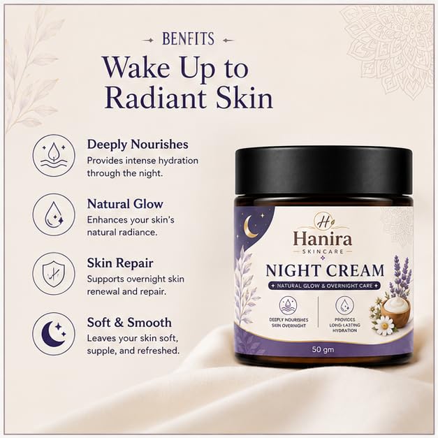 Hanira Night Cream for Overnight Moisturization, Hydrating Face Cream for Daily PM Routine, Nourishing Formula for Soft and Smooth Looking Skin, All Skin Types, 50g