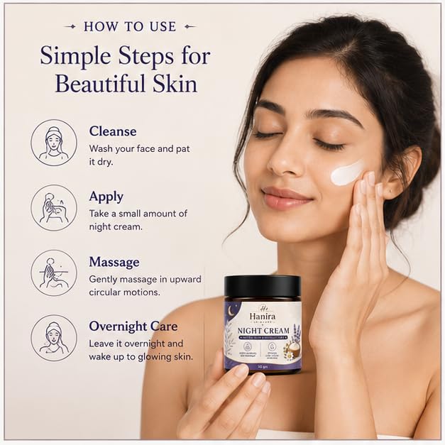 Hanira Night Cream for Overnight Moisturization, Hydrating Face Cream for Daily PM Routine, Nourishing Formula for Soft and Smooth Looking Skin, All Skin Types, 50g