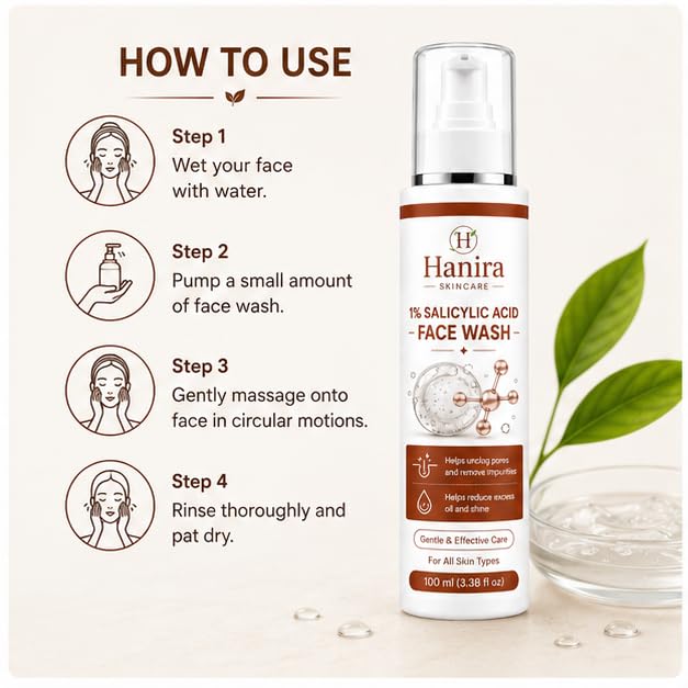 Hanira Skincare 1% Salicylic Acid Face Wash for Men & Women | Helps Unclog Pores & Remove Impurities | Helps Reduce Excess Oil and Shine | Gentle Daily Face Cleanser | All Skin Types | 100 ml