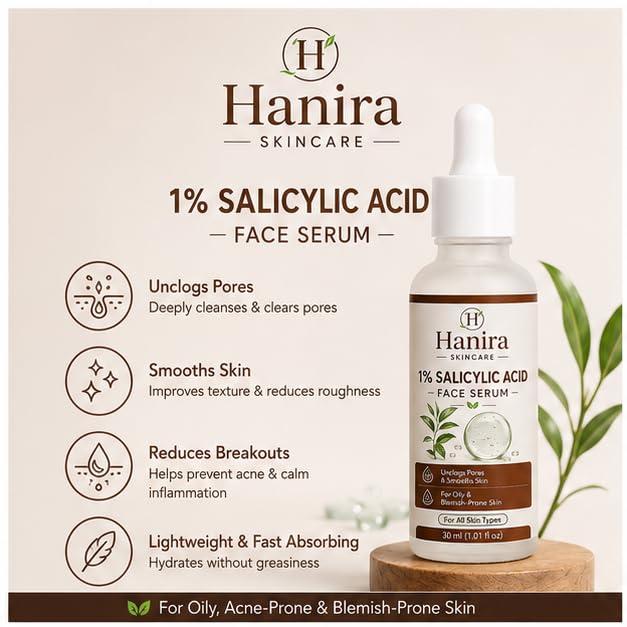 Hanira 1% Salicylic Acid Face Serum for Daily Skincare, Lightweight Fast Absorbing Facial Serum for Oily & Blemish-Prone Skin, Suitable for Daily Use, 30 ml