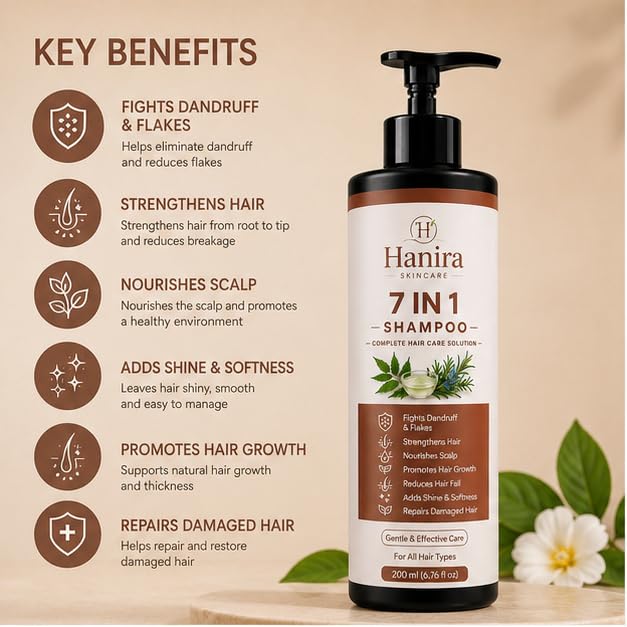 Hanira 7 In 1 Shampoo for Complete Hair Care, Cleanses, Nourishes & Softens Hair, Helps Reduce Breakage, Adds Shine, Daily Use Shampoo for Men & Women, 200ml