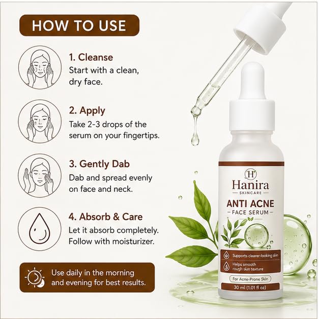 Hanira Anti Acne Face Serum for Daily Skincare, Lightweight Fast Absorbing Facial Serum for Acne-Prone Skin, Non-Greasy Formula, 30 ml