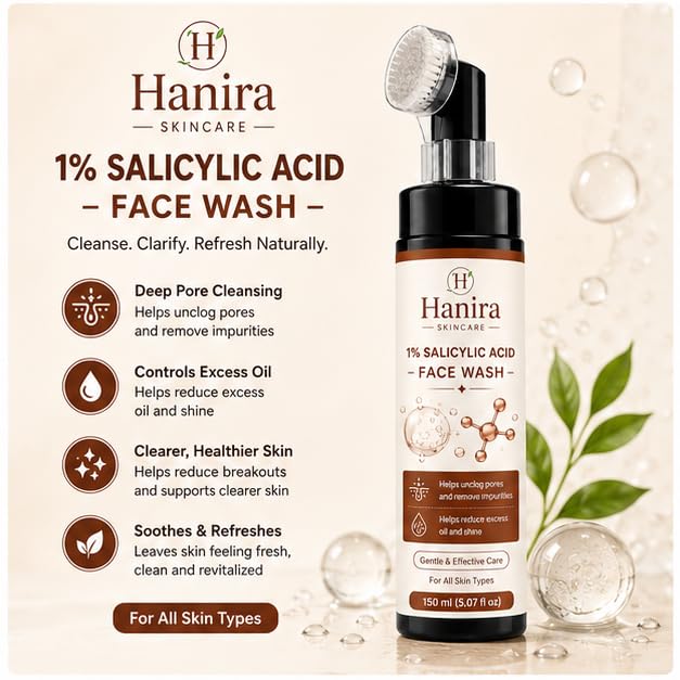 Hanira Skincare 1% Salicylic Acid Face Wash for Men & Women | Helps Unclog Pores, Remove Impurities & Reduce Excess Oil and Shine | Gentle Daily Face Cleanser | For All Skin Types | 150 ml