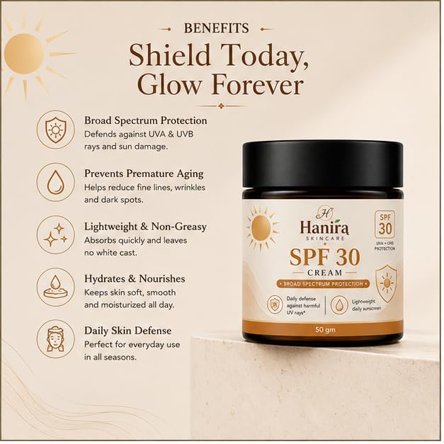 Hanira SPF 30 Cream with Broad Spectrum Protection, Lightweight Daily Face Cream for Outdoor Use, Moisturizing Sunscreen Cream for All Skin Types, 50g