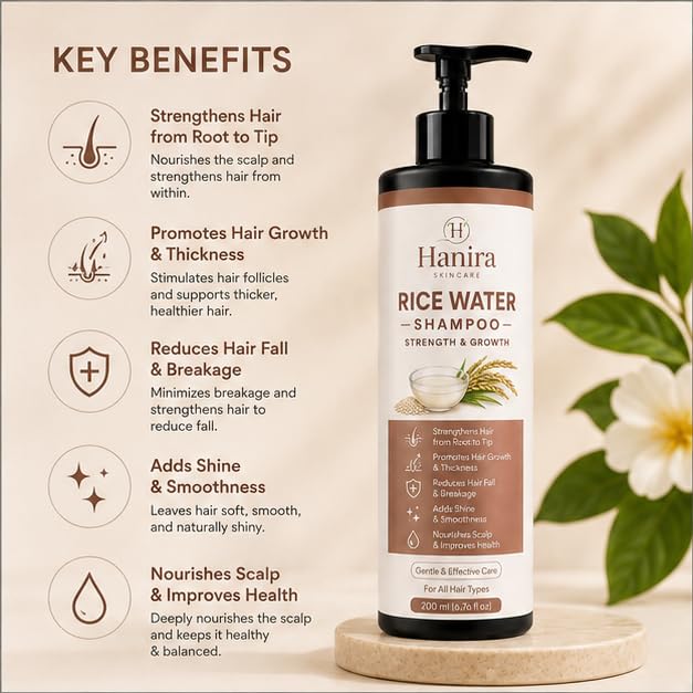 Hanira Rice Water Shampoo for Hair Strength & Growth Look, Nourishing Hair Cleanser, Helps Reduce Breakage, Adds Shine & Smoothness, Daily Hair Care Shampoo, 200ml