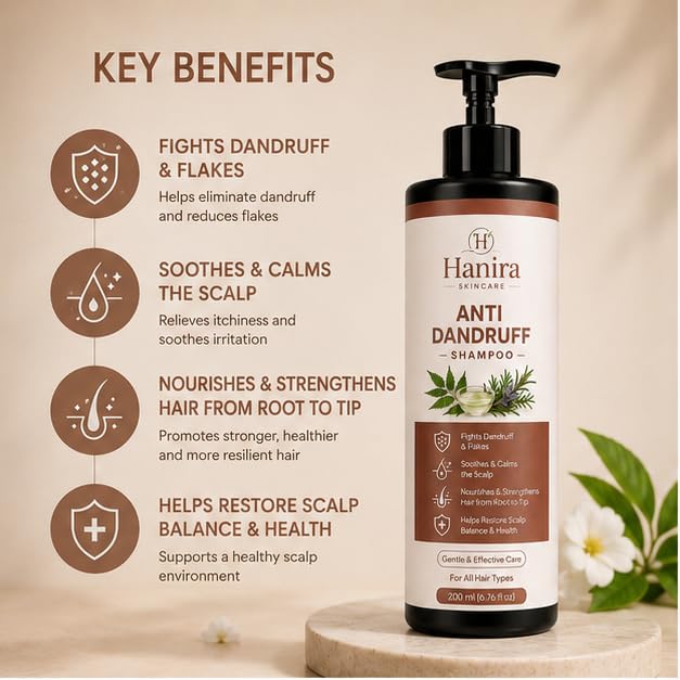 Hanira Anti Dandruff Shampoo for Men & Women, Helps Reduce Flakes, Cleanses Scalp, Soothes Dryness, Nourishes Hair, Gentle Daily Hair Care Formula, 200ml
