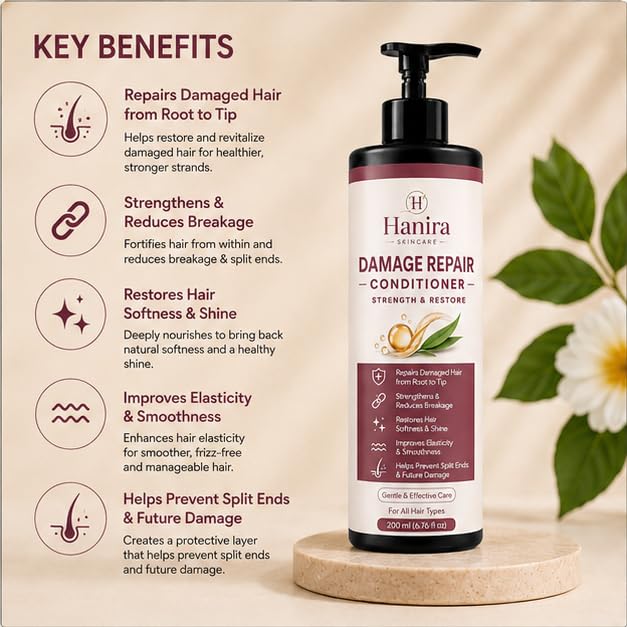 Hanira Damage Repair Conditioner for Dry & Damaged Hair, Nourishing Hair Conditioner, Helps Improve Softness & Shine, Smooth Hair Care Formula, 200ml