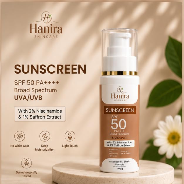 Hanira Skincare Sunscreen SPF 50 PA++++ | Broad Spectrum UVA UVB Protection | No White Cast, Lightweight & Deep Moisturizing Formula | Matte Finish Daily Sun Protection for All Skin Types | 100g