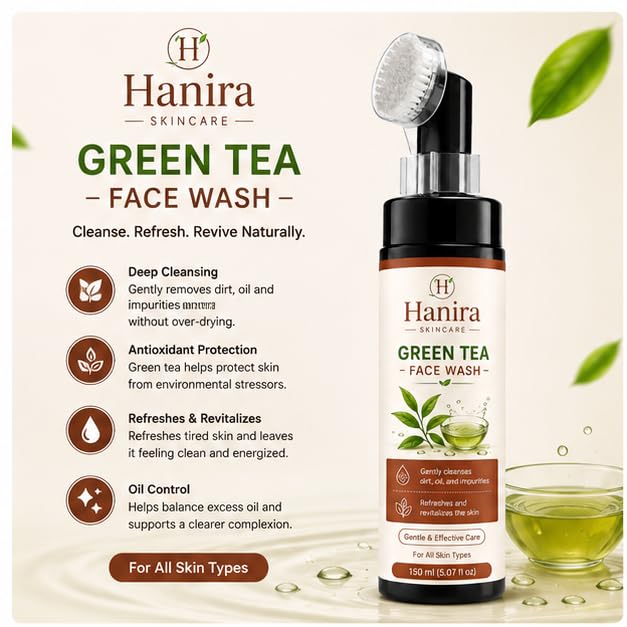 Hanira Skincare Green Tea Face Wash for Men & Women | Gently Cleanses Dirt, Oil & Impurities | Refreshes & Revitalizes Skin | Gentle Daily Facial Cleanser | For All Skin Types | 150 ml