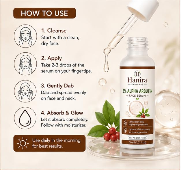 Hanira Skincare Alpha Arbutin 2% Serum, Dark Spot and Texture Corrector, Revitalizer, 30ml (1.01 fl oz)