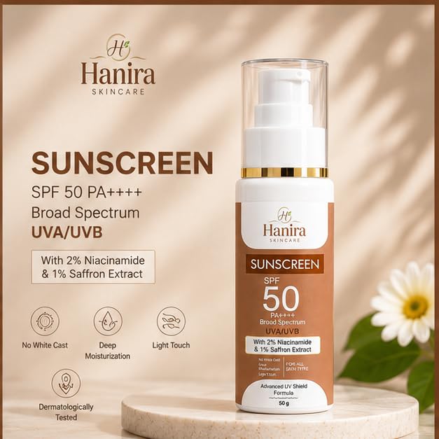 Hanira Skincare Sunscreen SPF 50 PA++++, Broad Spectrum UVA/UVB Protection, No White Cast, Lightweight Matte Finish, Long Lasting Sun Protection for All Skin Types, 50g