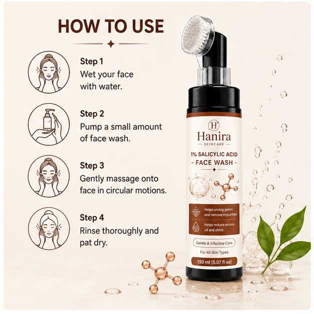 Hanira Skincare 1% Salicylic Acid Face Wash for Men & Women | Helps Unclog Pores, Remove Impurities & Reduce Excess Oil and Shine | Gentle Daily Face Cleanser | For All Skin Types | 150 ml