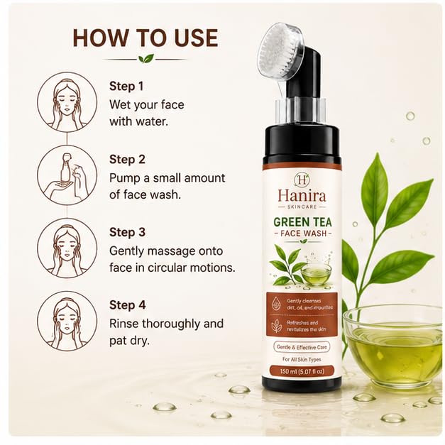 Hanira Skincare Green Tea Face Wash for Men & Women | Gently Cleanses Dirt, Oil & Impurities | Refreshes & Revitalizes Skin | Gentle Daily Facial Cleanser | For All Skin Types | 150 ml