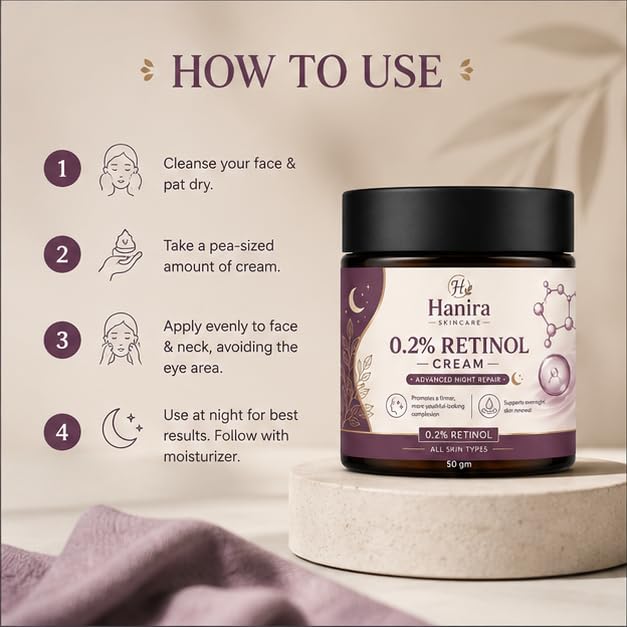 Hanira Cream 0.2% Retinol Night Care, Moisturizing Face Cream for Smooth Looking Skin, Hydrating Formula for Daily PM Routine, Suitable for All Skin Types, 50g