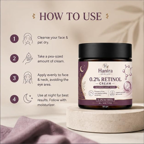 Hanira Cream 0.2% Retinol Night Care, Moisturizing Face Cream for Smooth Looking Skin, Hydrating Formula for Daily PM Routine, Suitable for All Skin Types, 50g