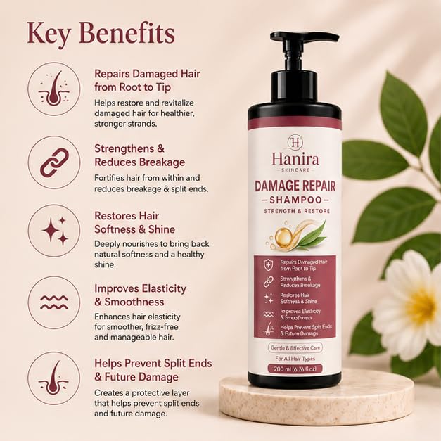 Hanira Damage Repair Shampoo for Dry & Damaged Hair, Nourishing Hair Cleanser, Helps Improve Softness & Shine, Gentle Daily Hair Care Formula, 200ml