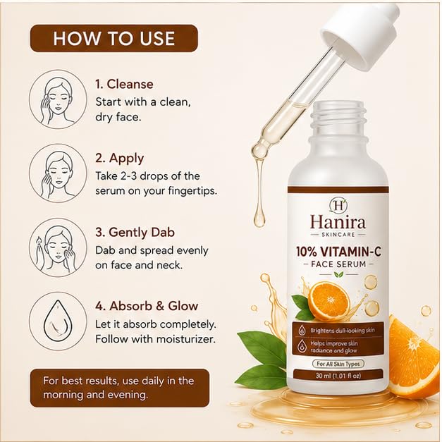 Hanira 10% Vitamin C Face Serum for Glowing Skin, Lightweight Fast Absorbing Facial Serum for Daily Skin Care, Suitable for All Skin Types, 30 ml