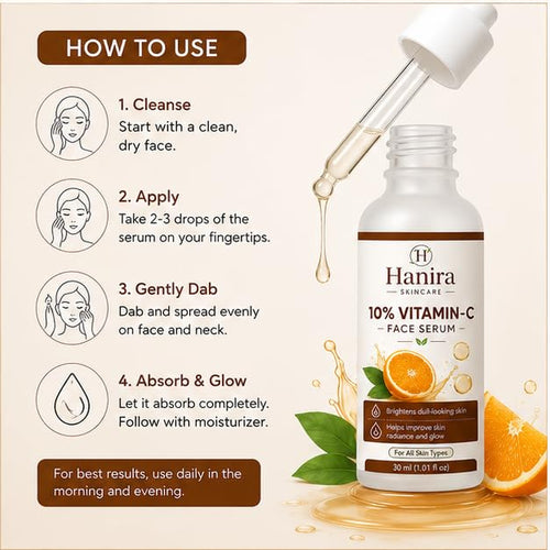 Hanira 10% Vitamin C Face Serum for Glowing Skin, Lightweight Fast Absorbing Facial Serum for Daily Skin Care, Suitable for All Skin Types, 30 ml