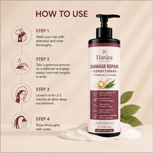 Hanira Damage Repair Conditioner for Dry & Damaged Hair, Nourishing Hair Conditioner, Helps Improve Softness & Shine, Smooth Hair Care Formula, 200ml
