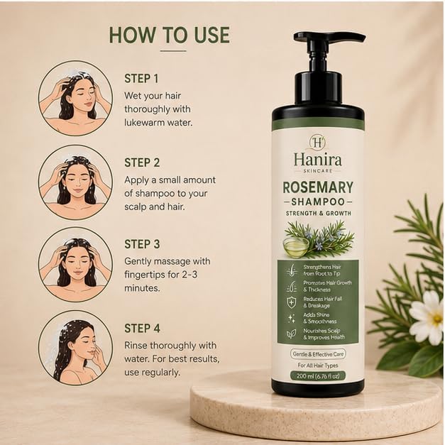 Hanira Rosemary Shampoo for Hair Strength & Fuller Looking Hair, Nourishing Hair Cleanser, Helps Reduce Breakage, Adds Shine & Softness, Daily Use Shampoo, 200ml
