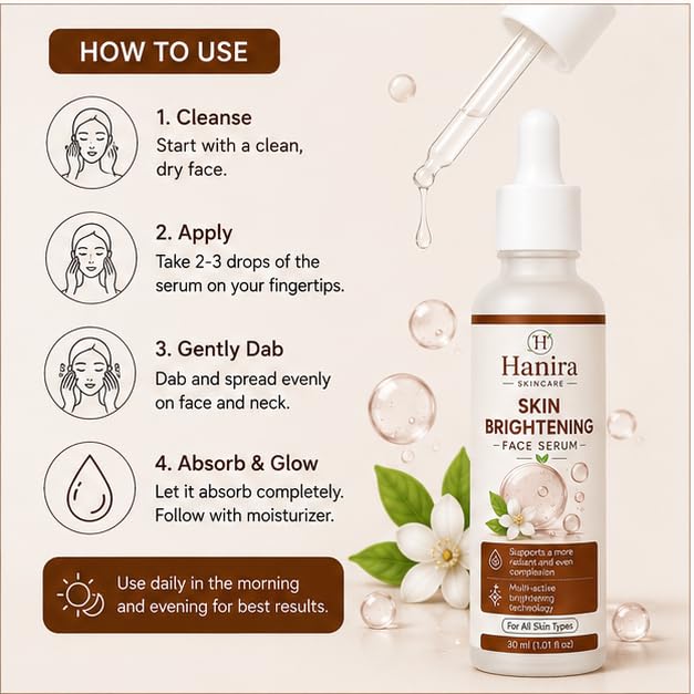 Hanira Skincare Skin Brightening Serum, 30ml | Lightweight Face Serum for Glowing, Even Tone & Radiant Skin | Daily Use for All Skin Types