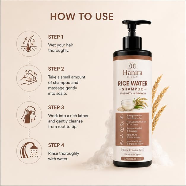 Hanira Rice Water Shampoo for Hair Strength & Growth Look, Nourishing Hair Cleanser, Helps Reduce Breakage, Adds Shine & Smoothness, Daily Hair Care Shampoo, 200ml