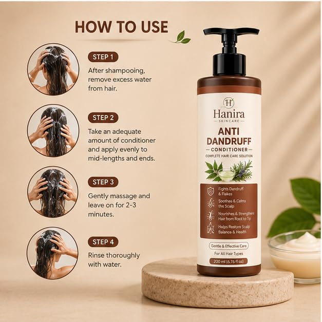 Hanira Anti Dandruff Conditioner for Men & Women, Nourishing Hair Conditioner, Helps Reduce Dryness, Softens Hair, Smooth Finish, Daily Hair Care Formula, 200ml