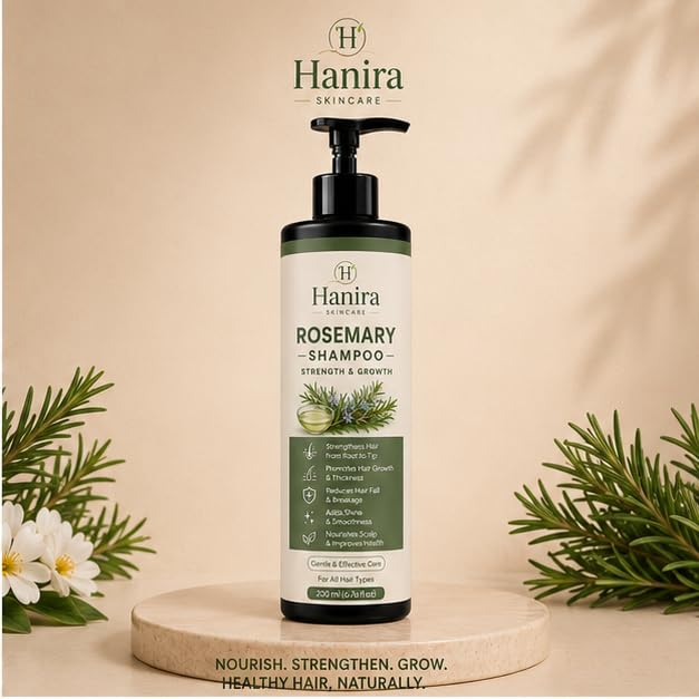 Hanira Rosemary Shampoo for Hair Strength & Fuller Looking Hair, Nourishing Hair Cleanser, Helps Reduce Breakage, Adds Shine & Softness, Daily Use Shampoo, 200ml