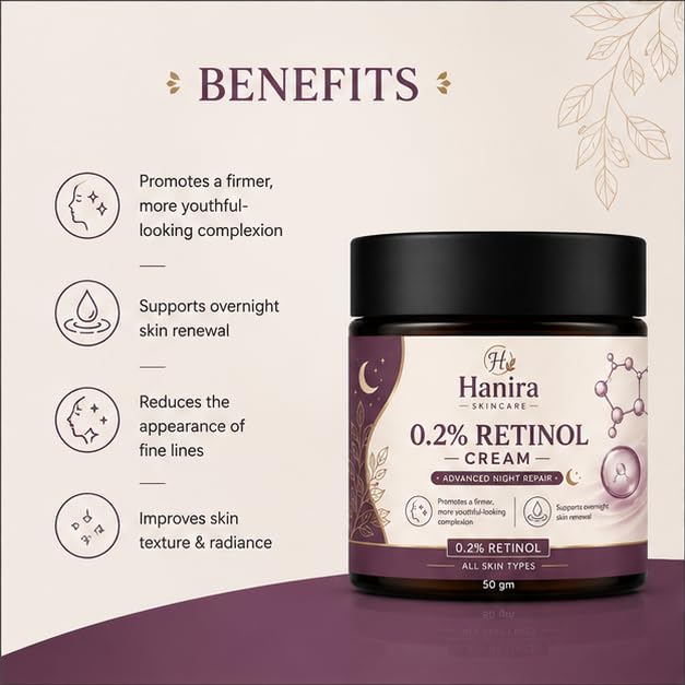 Hanira Cream 0.2% Retinol Night Care, Moisturizing Face Cream for Smooth Looking Skin, Hydrating Formula for Daily PM Routine, Suitable for All Skin Types, 50g