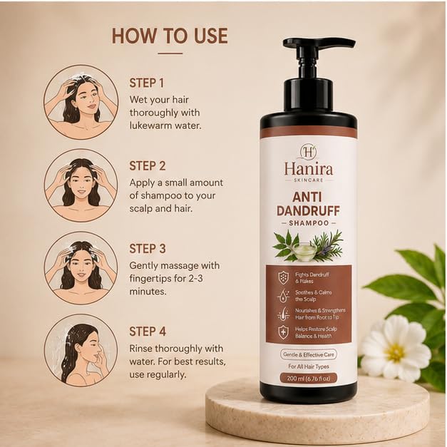 Hanira Anti Dandruff Shampoo for Men & Women, Helps Reduce Flakes, Cleanses Scalp, Soothes Dryness, Nourishes Hair, Gentle Daily Hair Care Formula, 200ml