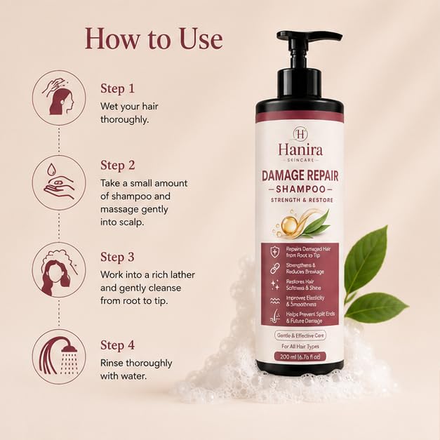 Hanira Damage Repair Shampoo for Dry & Damaged Hair, Nourishing Hair Cleanser, Helps Improve Softness & Shine, Gentle Daily Hair Care Formula, 200ml