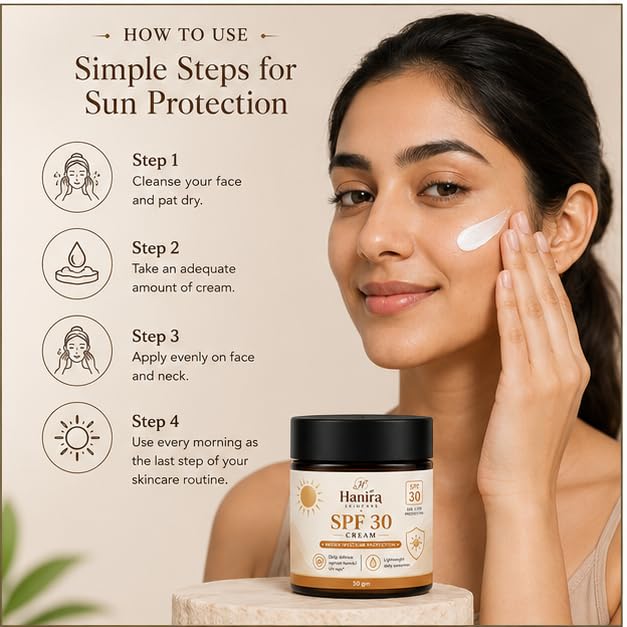 Hanira SPF 30 Cream with Broad Spectrum Protection, Lightweight Daily Face Cream for Outdoor Use, Moisturizing Sunscreen Cream for All Skin Types, 50g