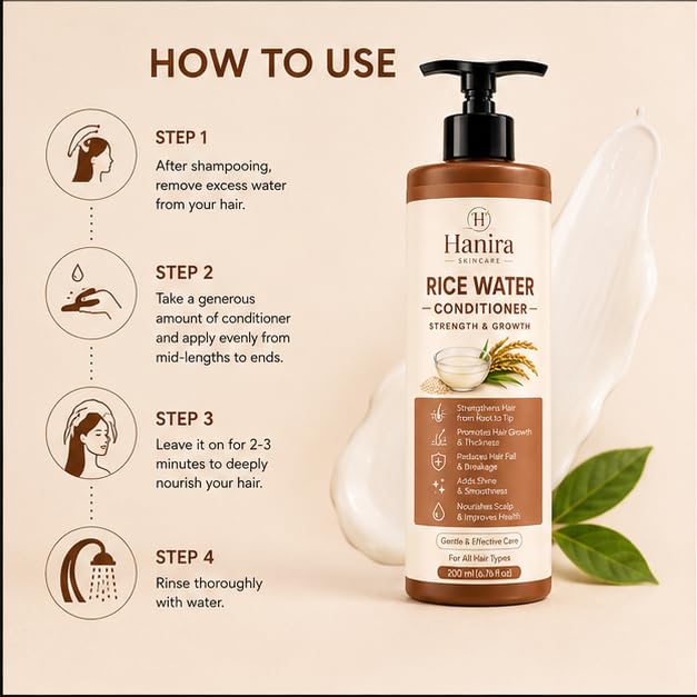 Hanira Rice Water Conditioner for Hair Strength & Smoothness, Nourishing Hair Conditioner, Helps Reduce Breakage, Adds Shine & Soft Feel, Daily Hair Care, 200ml