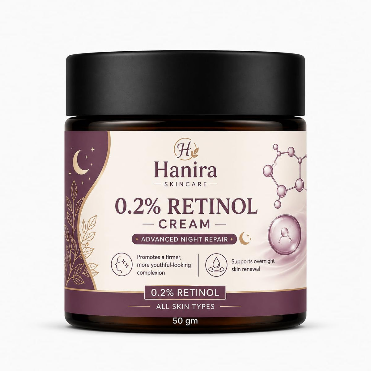 Hanira Cream 0.2% Retinol Night Care, Moisturizing Face Cream for Smooth Looking Skin, Hydrating Formula for Daily PM Routine, Suitable for All Skin Types, 50g