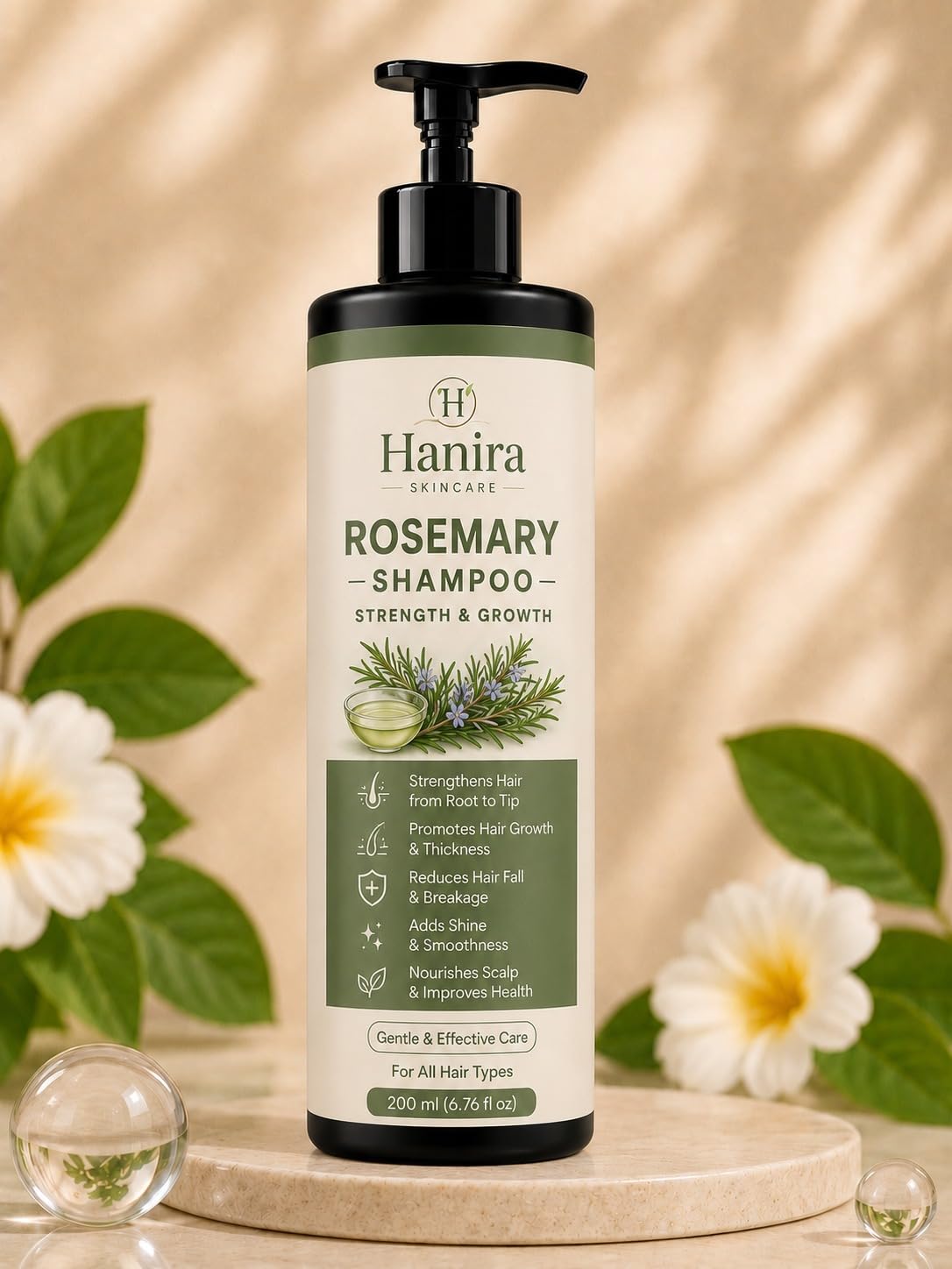 Hanira Rosemary Shampoo for Hair Strength & Fuller Looking Hair, Nourishing Hair Cleanser, Helps Reduce Breakage, Adds Shine & Softness, Daily Use Shampoo, 200ml