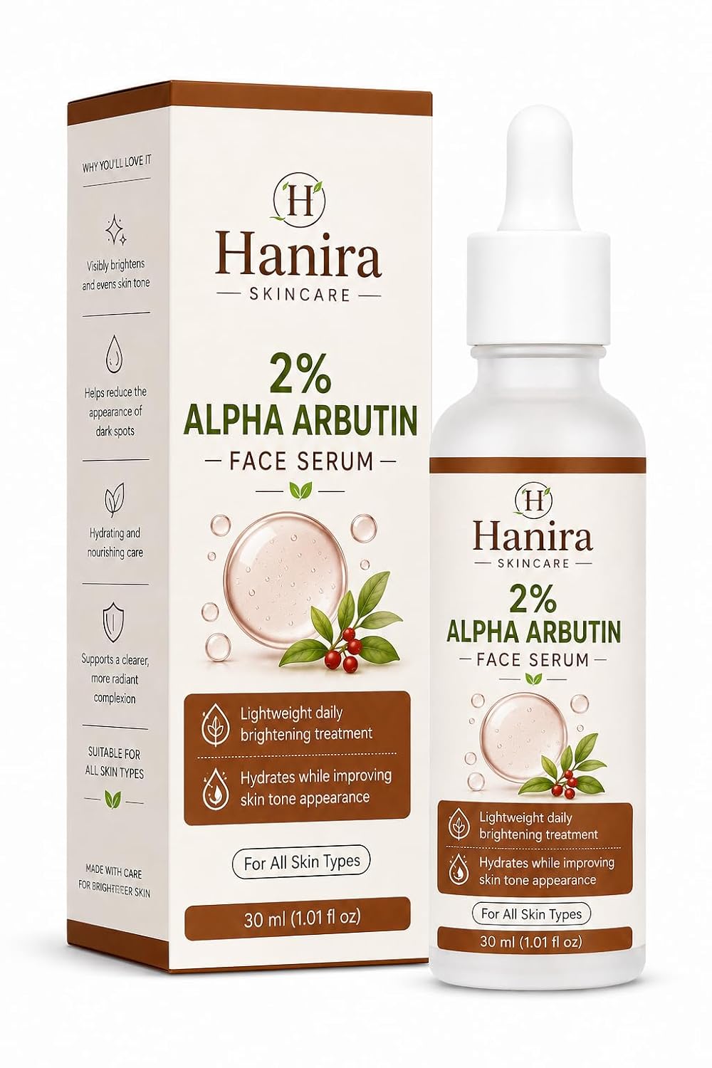 Hanira Skincare Alpha Arbutin 2% Serum, Dark Spot and Texture Corrector, Revitalizer, 30ml (1.01 fl oz)