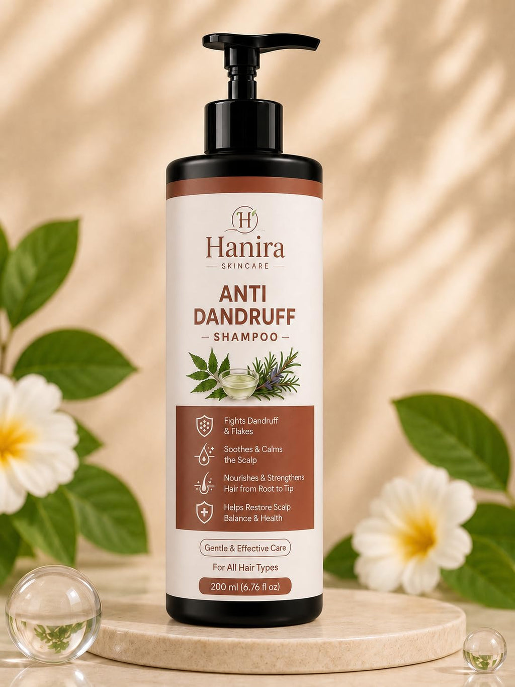 Hanira Anti Dandruff Shampoo for Men & Women, Helps Reduce Flakes, Cleanses Scalp, Soothes Dryness, Nourishes Hair, Gentle Daily Hair Care Formula, 200ml