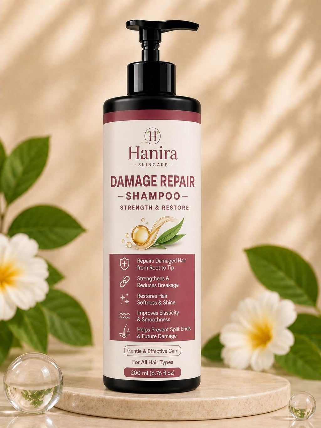 Hanira Damage Repair Shampoo for Dry & Damaged Hair, Nourishing Hair Cleanser, Helps Improve Softness & Shine, Gentle Daily Hair Care Formula, 200ml
