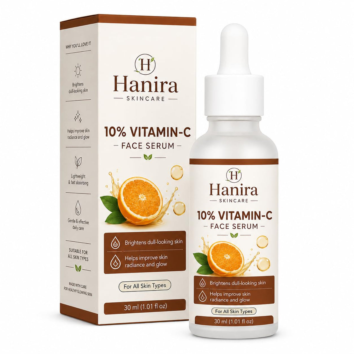 Hanira 10% Vitamin C Face Serum for Glowing Skin, Lightweight Fast Absorbing Facial Serum for Daily Skin Care, Suitable for All Skin Types, 30 ml