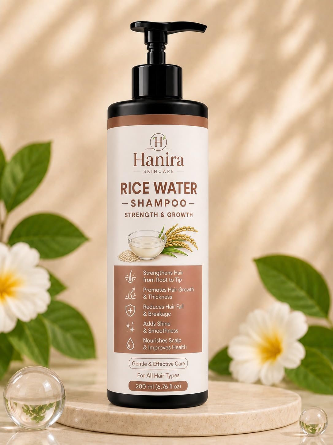 Hanira Rice Water Shampoo for Hair Strength & Growth Look, Nourishing Hair Cleanser, Helps Reduce Breakage, Adds Shine & Smoothness, Daily Hair Care Shampoo, 200ml